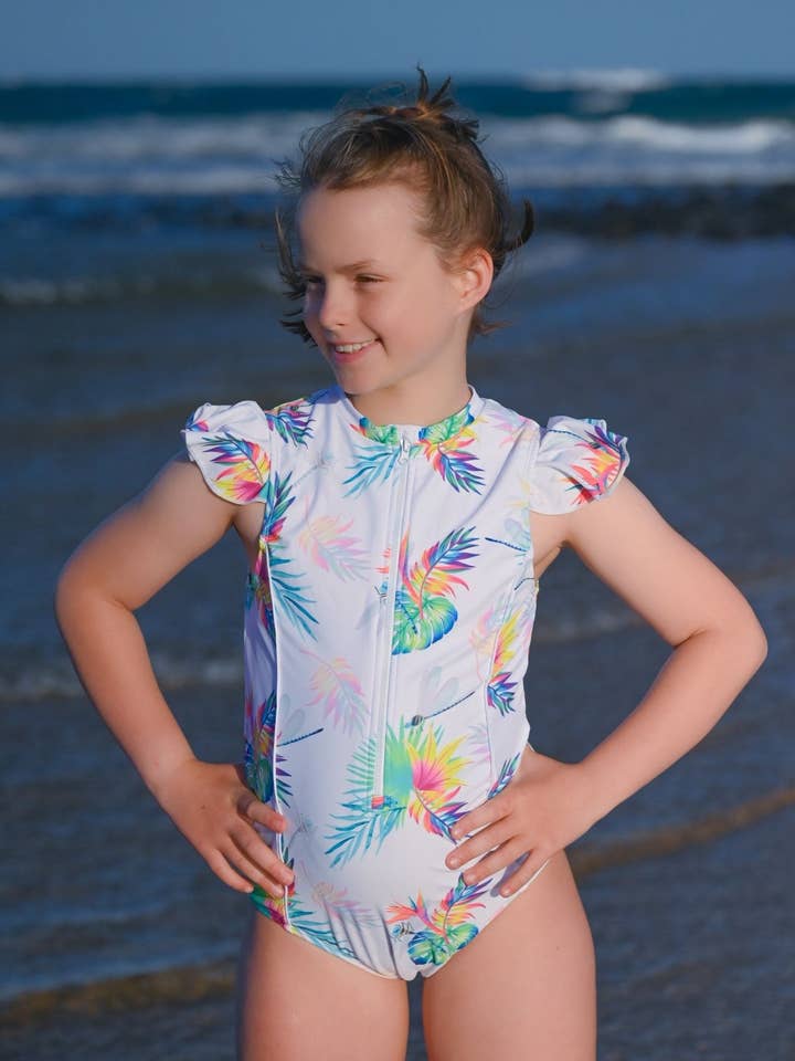 Tribe Tropical – wholesale One-piece swimsuit – Kids – Teen / Tween Girl Frill Sleeve Swimsuit - Arnhem Summer0