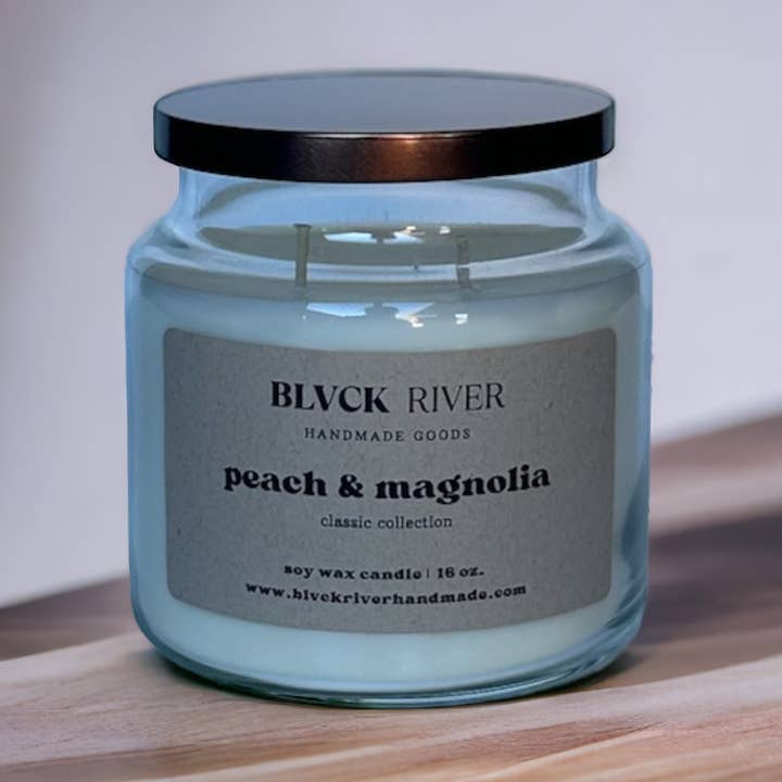 Peach & Magnolia 16 oz Soy Candle - Clear Apothecary Jar for wholesale by Black River Handmade Goods