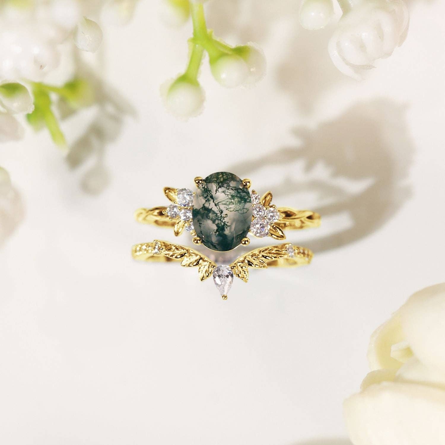 Azura Jewelry - Wholesale Band/Stacked Ring - Enchanted Garden Oval Cut Moss Agate Ring (Yellow Gold)©7