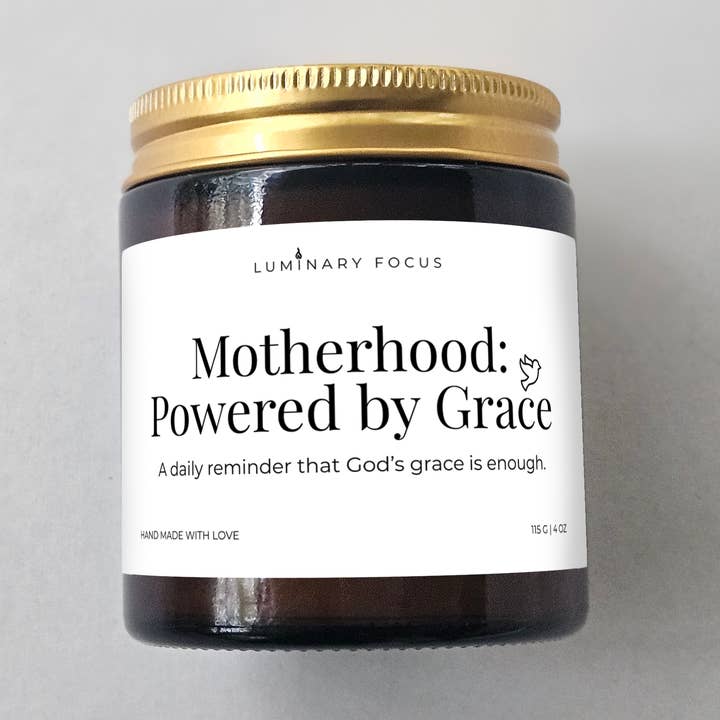 Motherhood:Powered by Grace – 4oz Amber Glass Candle for Mom for wholesale by Luminary Focus