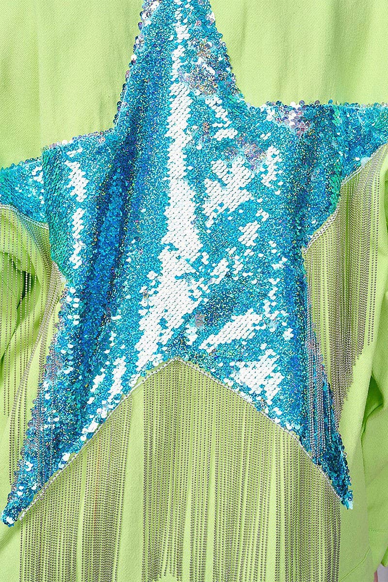 LIME FRONT POCKET SEQUIN STAR FRINGE DENIM JACKET for wholesale on Faire3