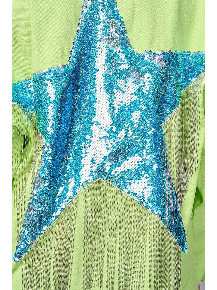 LIME FRONT POCKET SEQUIN STAR FRINGE DENIM JACKET for wholesale on Faire3