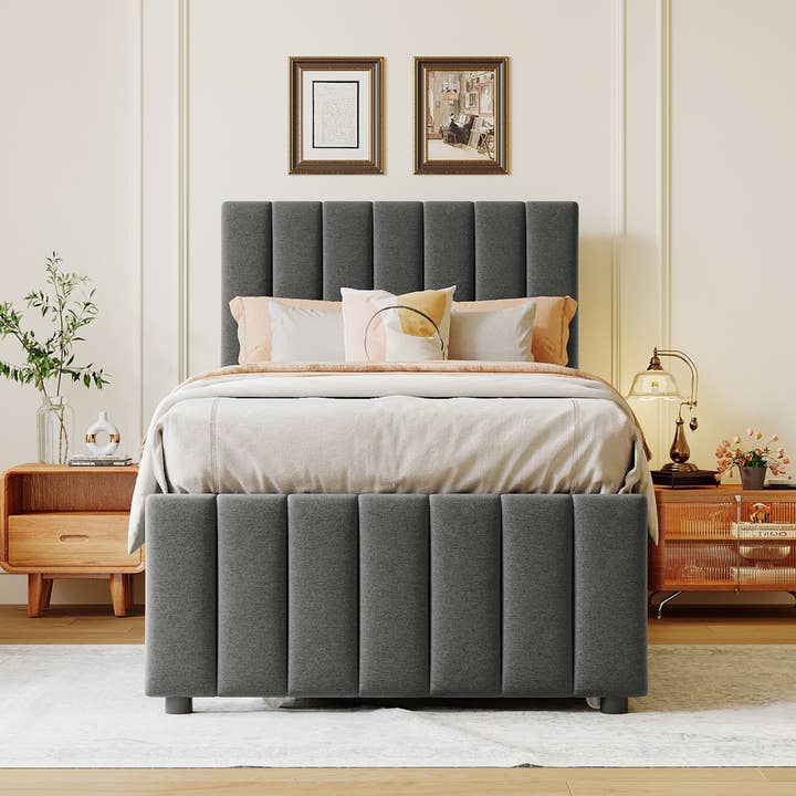 Gray Upholstered Twin Platform Bed with Trundle & 3 Drawers for wholesale on Faire1
