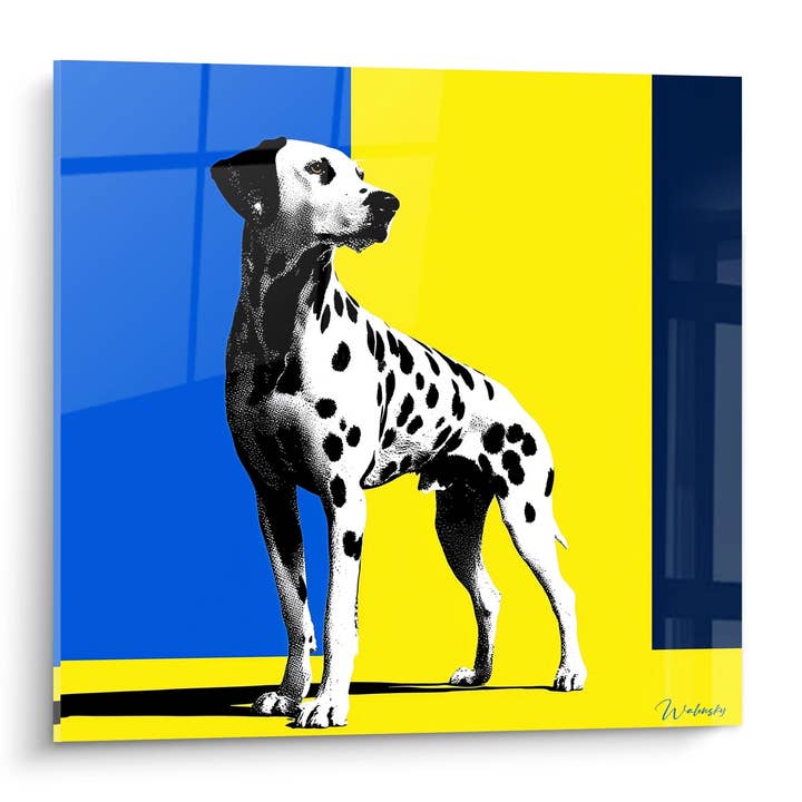 Cuadro Dálmata Blanco y Negro sobre Fondo Amarillo y Azul - Retrato Canino Pop - Edición Dálmata para venta al por mayor de Walensky