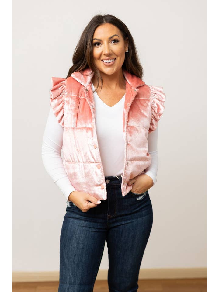 Pink Shimmer Ruffle Sleeve Puffer Vest for wholesale on Faire
