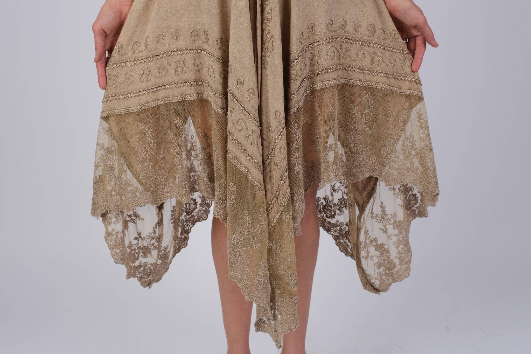 Sacred Threads - Wholesale Dress - Women's - Embroidered Artisan Camel Dress with Lace2