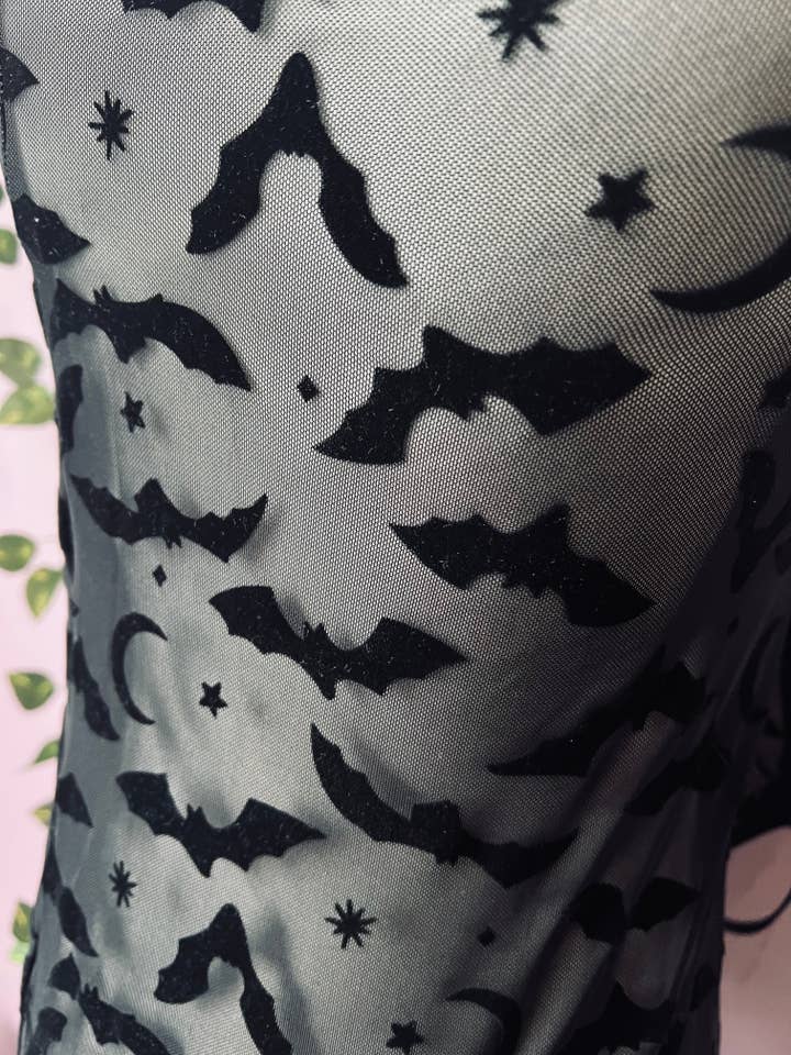 Witchwood Bags - Wholesale Dress - Women's - Sheer Hourglass Maxi Dress - Velvet Flocked Bats - RTS3