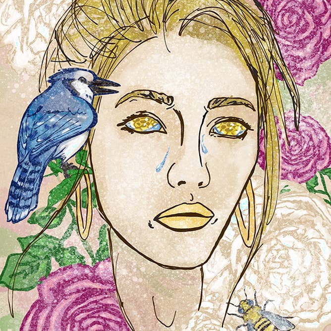 Nektar Kvinde Bees Blue Jay Portræt Billedkunst Moderne lærredstryk for engroshandel hos William DePaula Fine Art