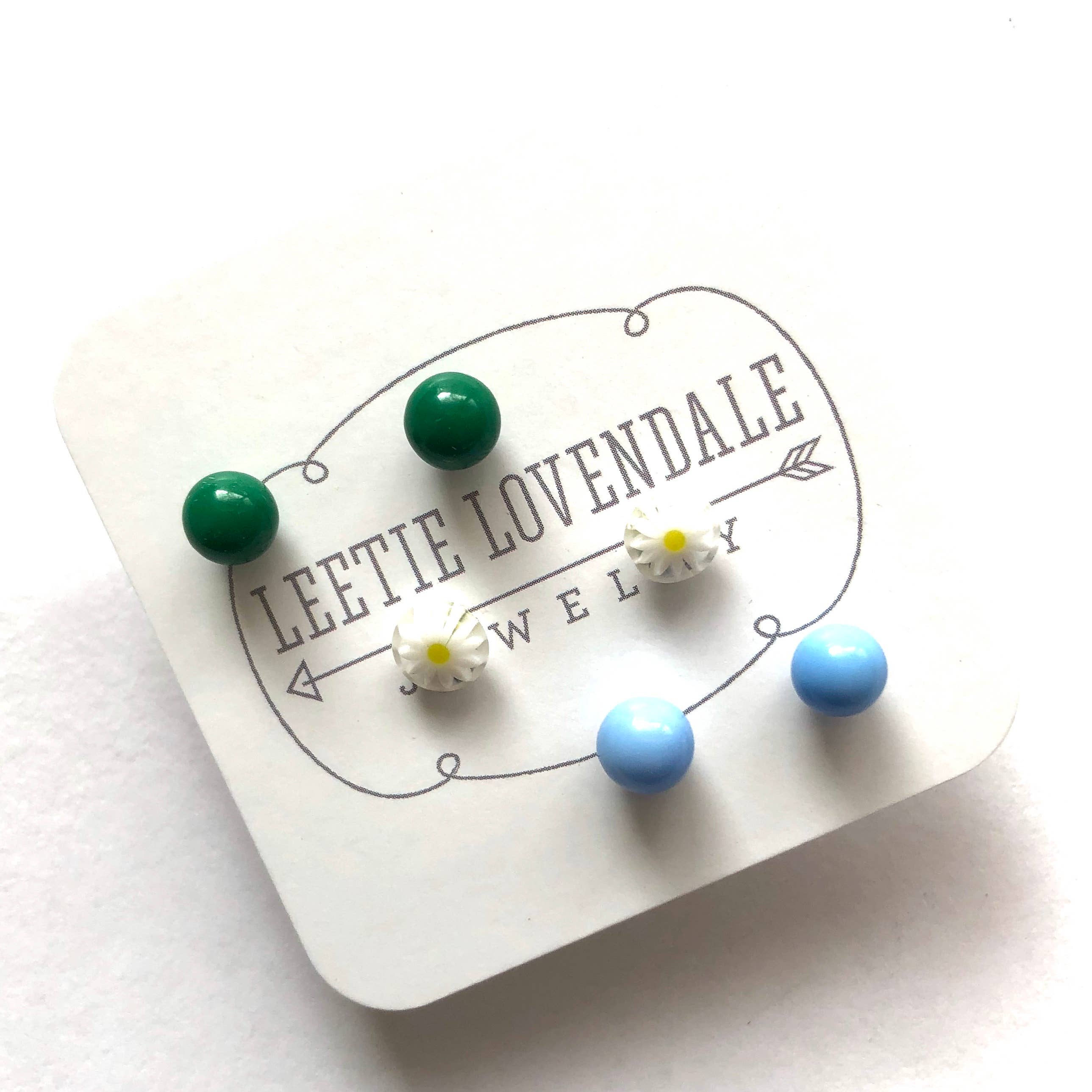 Leetie Lovendale - Wholesale Jewelry Set - White Daisy Green & Turquoise Tiny Studs Set3