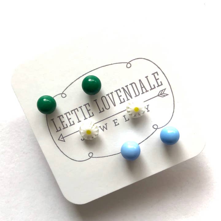 Leetie Lovendale - Wholesale Jewelry Set - White Daisy Green & Turquoise Tiny Studs Set3