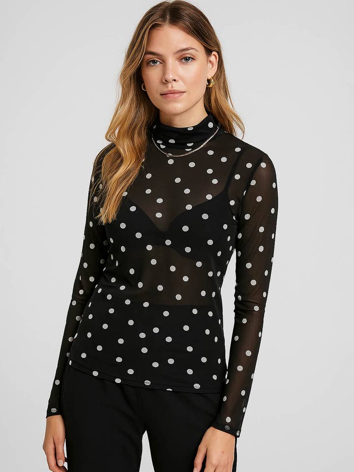 Black Ladies Sheer Mesh Polka Dot Mock Collar Layering Top for wholesale on Faire3
