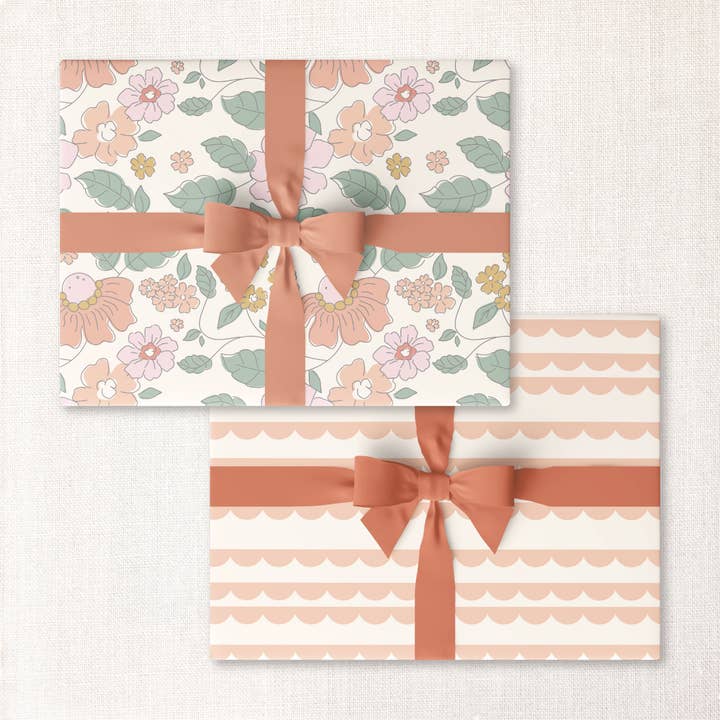Urbanic Goods - Wholesale Wrapping Paper Roll - roll of 3: umbrella floral + peach scallops double-sided wrap
