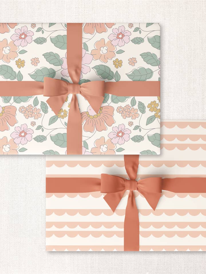 roll of 3: umbrella floral + peach scallops double-sided wrap for wholesale by Urbanic Goods
