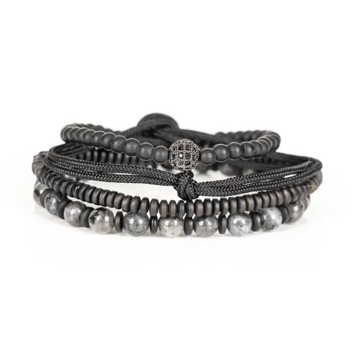 Midnight Orbit Stack Pavé Sphere Hematite & Black Cord Brace for wholesale by The Dark Men