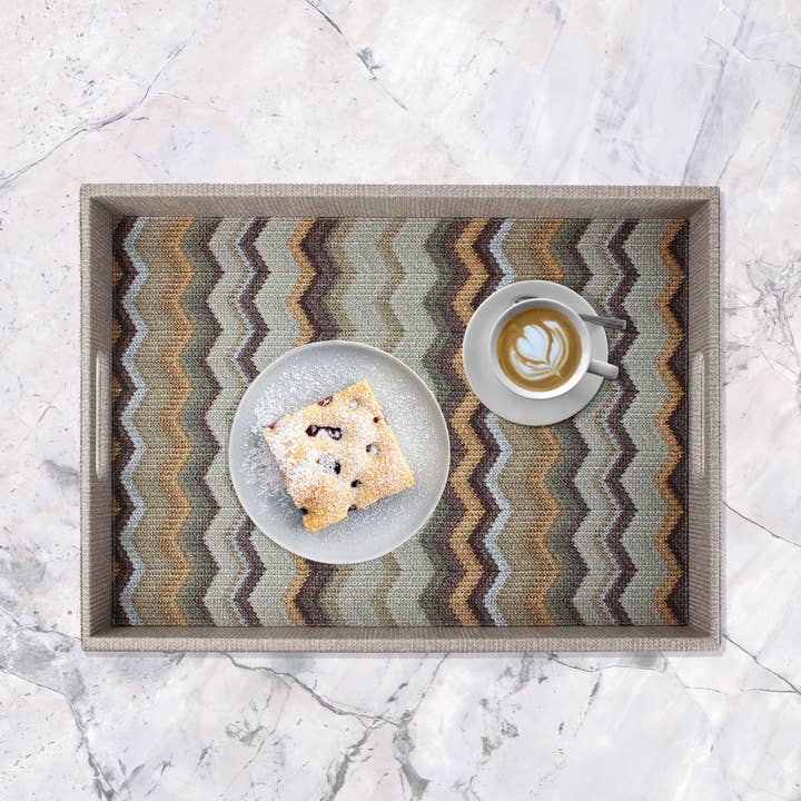Rectangular brown patterned zigzag tray with handles for wholesale by Signature Home Collection GmbH