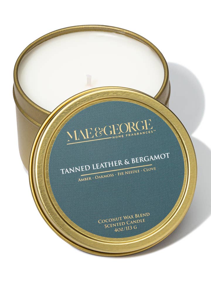 Tanned Leather & Bergamot Travel Candle for wholesale by Mae & George Home Fragrances | Luxury Candles