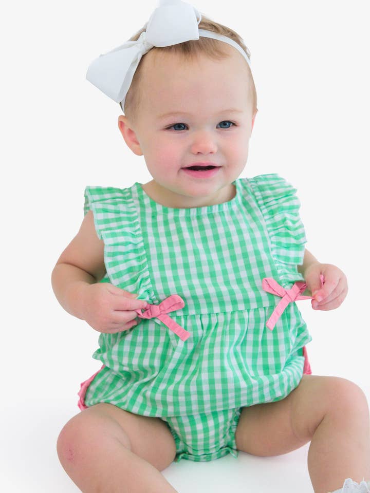 Baby Girls Classic Spring Bud Gingham Classic Ruffle Bubble Romper
for wholesale by RuffleButts + RuggedButts