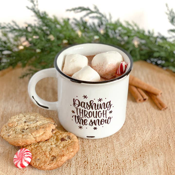Dashing through the snow | 15 oz distressed camper mug for wholesale by Rudie Jo