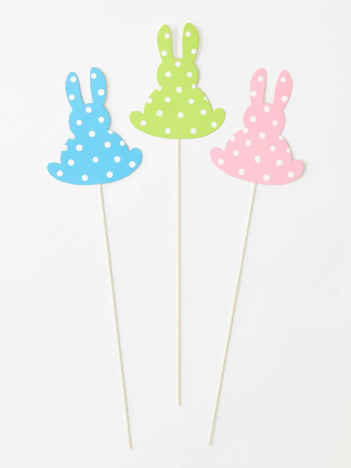 5" Polka Dot Easter Bunny on 12" Metal Pick, 3 Assorted for wholesale by WORTH IMPORTS