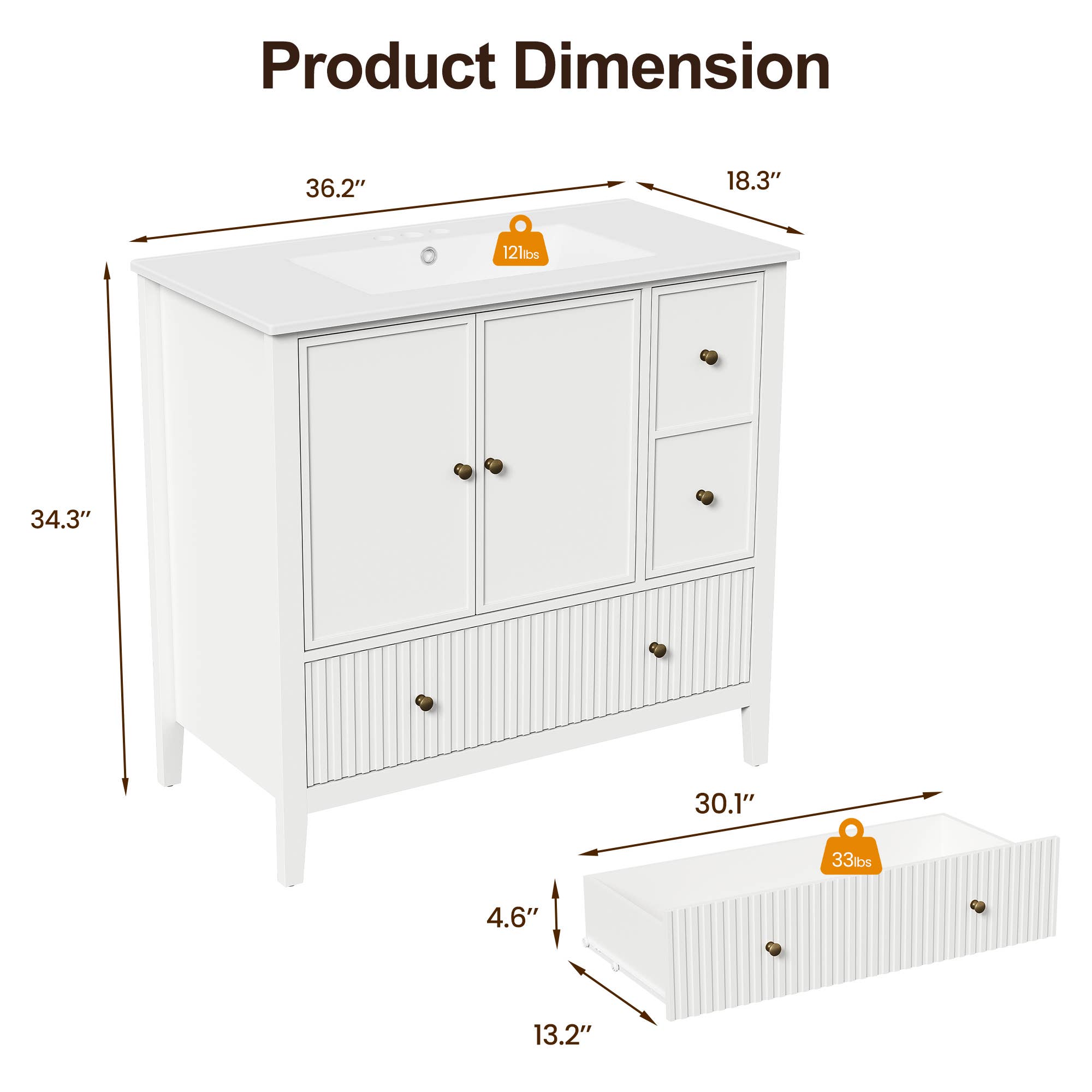 Heynemo - Wholesale Cabinet - 36'' Bathroom Vanity with Sink, Doors and Fluted Drawers6