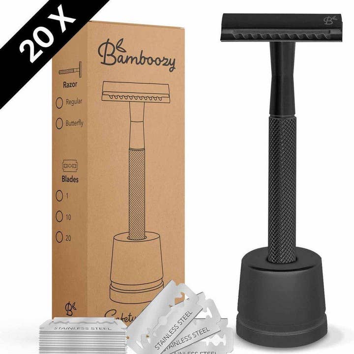 Bamboozy x Cosmeau – wholesale Razor – Safety Razor with Stand · 20x Platinum Blades15