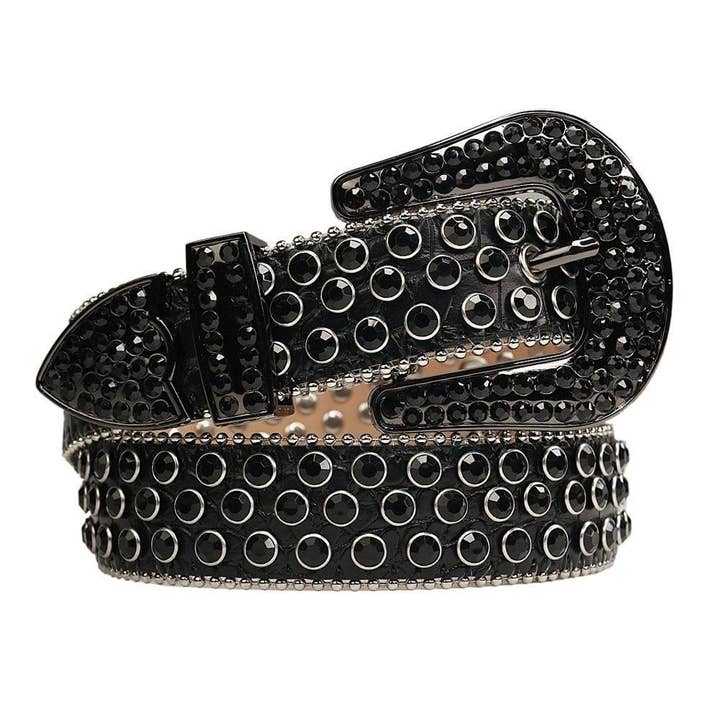 Rhinestone Belt Store - Wholesale Belt - Women's - Black Strap w Black Studded Rhinestone Belt w Black Buckle