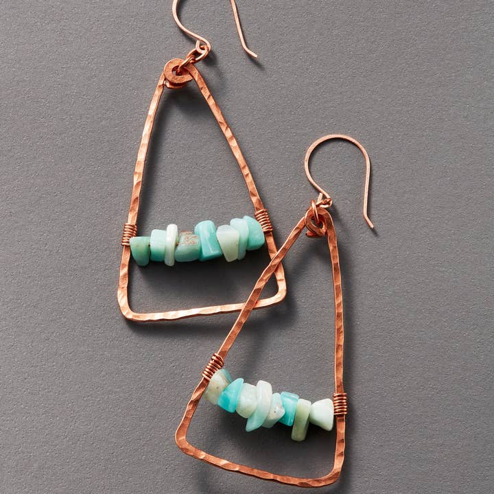 Amazoniet+ koperen driehoekige oorbellen voor wholesale door Kate Stephen Jewelry