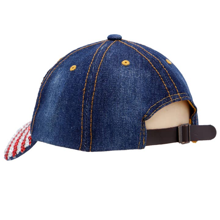 Cap Zone - Wholesale Baseball Cap - Women's - USA American Flag Bling Rhinestone Denim Cap