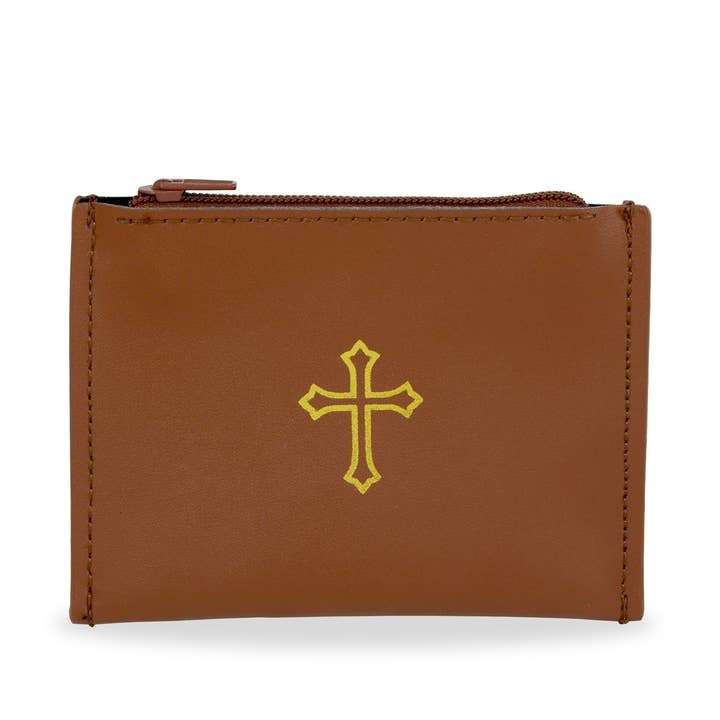 RM Trading - Wholesale Pouch - Women's - Blue Vinyl Rosary Pouch Squeeze Top Gold Cross Imprint