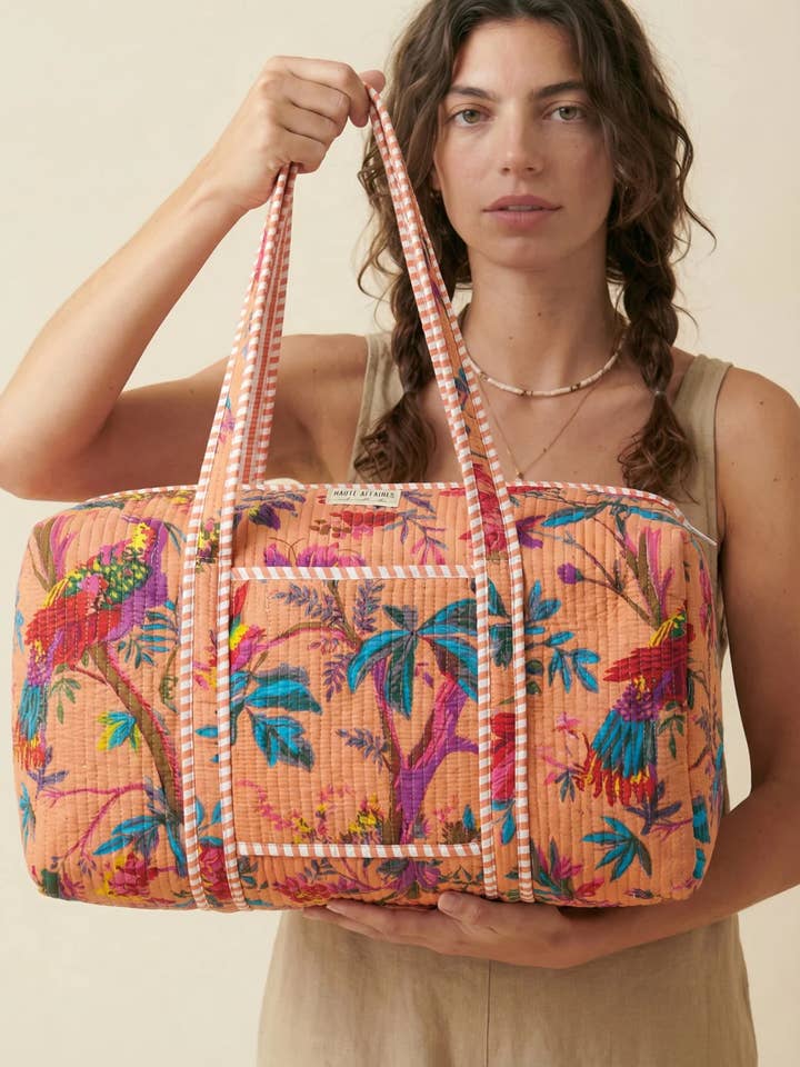 Handmade Block Print quilted Weekender Bag - Sunset Parrot for wholesale by HAUTE AFFAIRES NYC INC