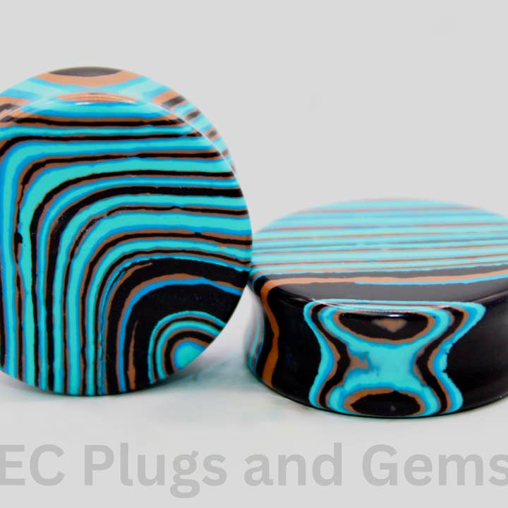 Blue Malachite Double Flare Stone Plugs - Striped Blue Gauge PAIR for wholesale by EC Plugs and Gems