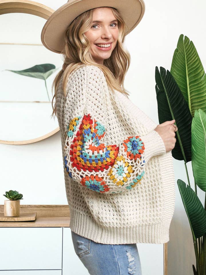 Madelyn - Wholesale Cardigan - Women's - LESW3577- MULTI COLOR SLEEVE CROCHET CARDIGAN
