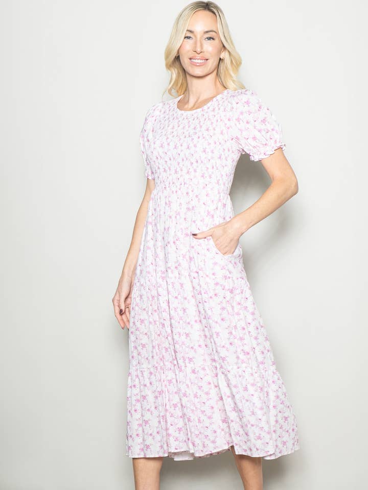 Robe midi à jupe à volants à manches bouffantes et imprimé floral de printemps pour la vente par Elloh Collection