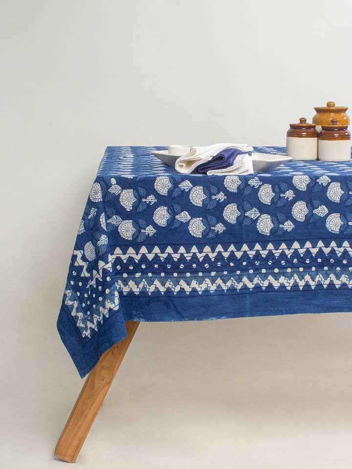 Indigo Blue Rectangle Floral Tablecloth for Wedding Decor for wholesale by Artsy Home