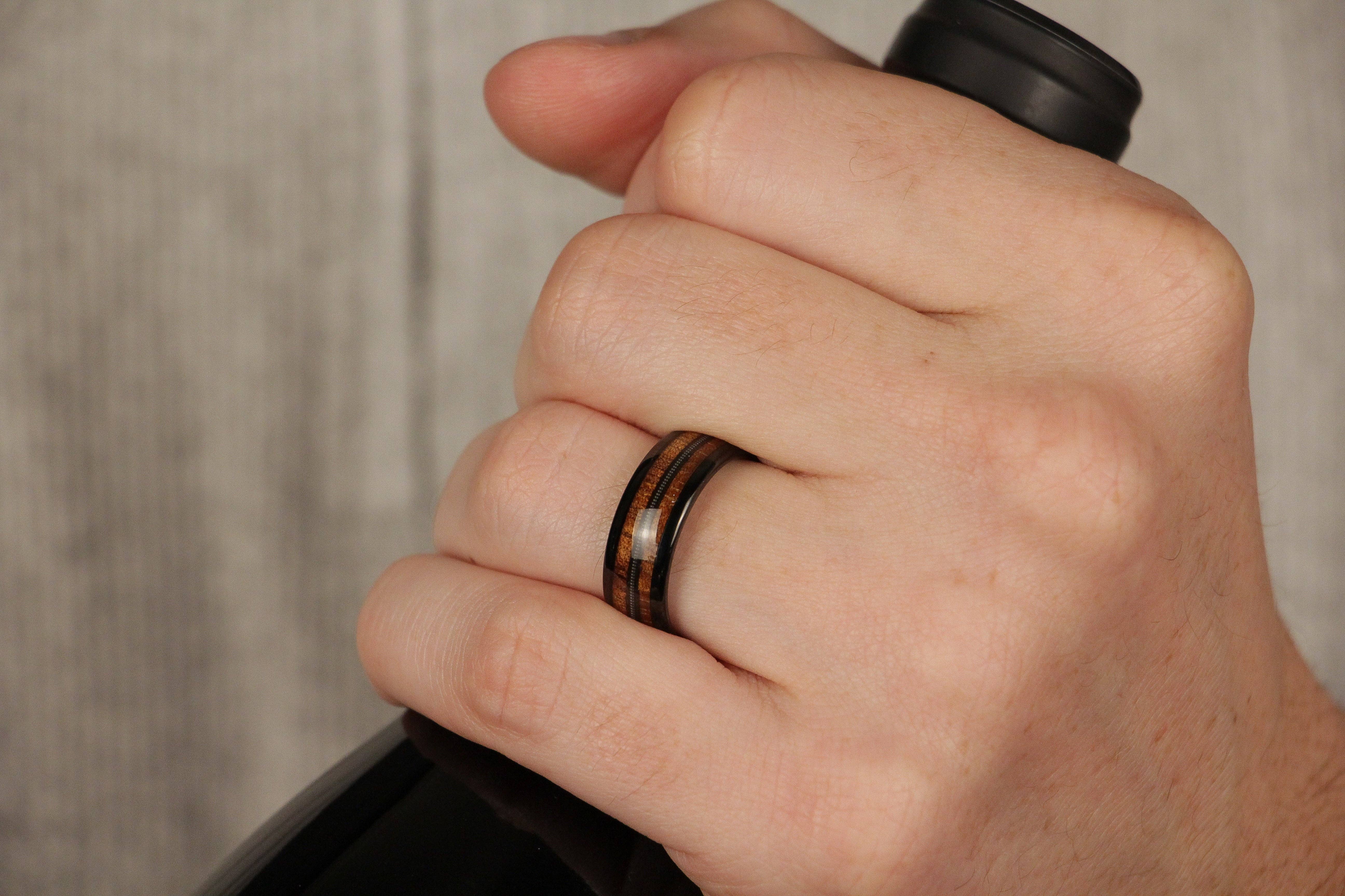 Redwood Rings - Wholesale Band/Stacked Ring - Black Tungsten Ring, Guitar String and Koa Wood Inlay - 8MM6