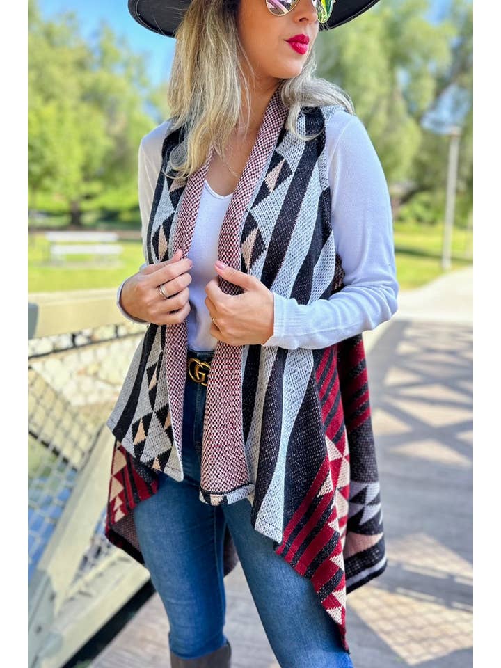 Black Western Aztec Printed Open Front Knitted Cowl Vest for wholesale on Faire2