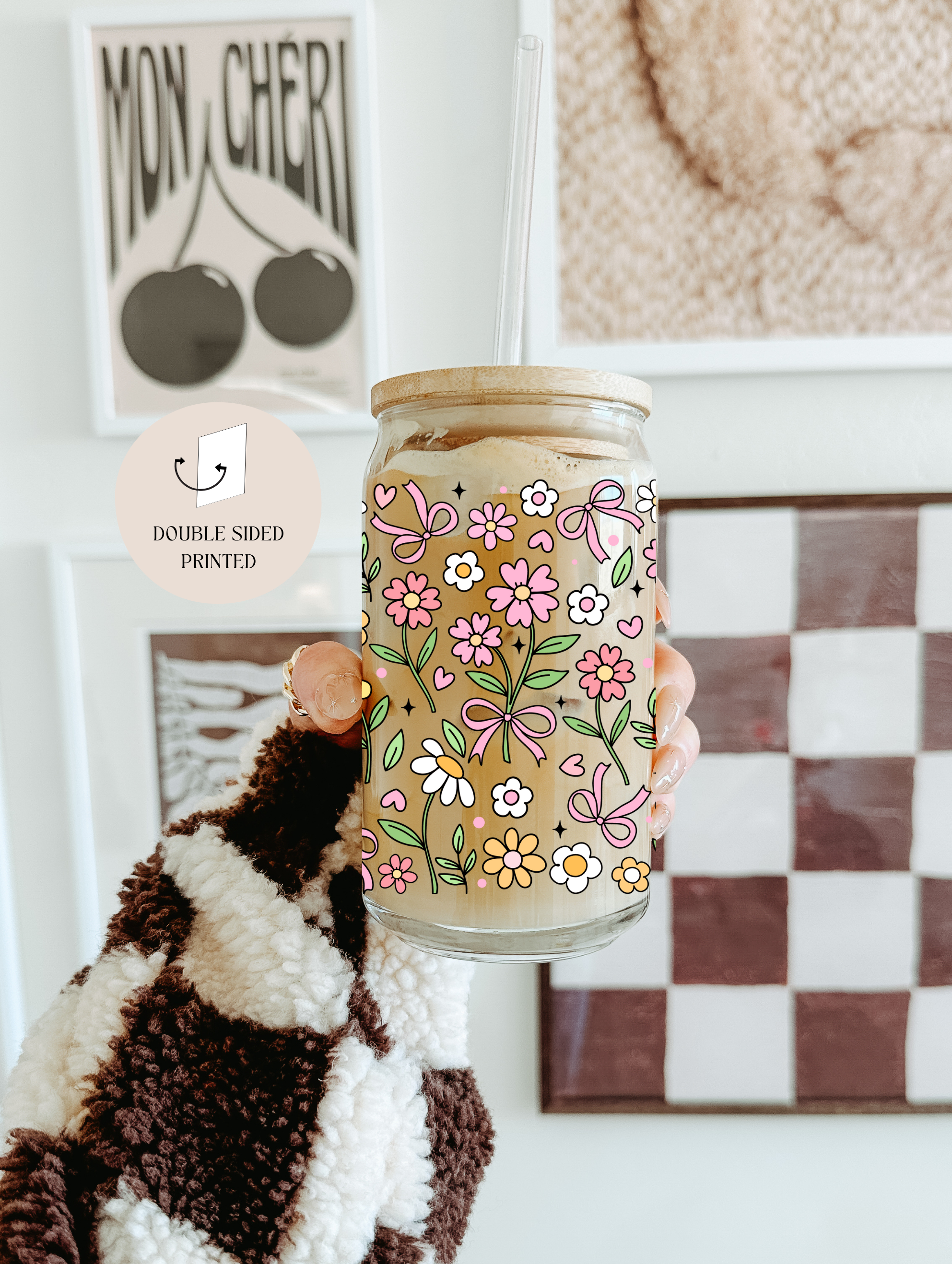 the cute cloud - Vendita all'ingrosso Bicchiere/tazza - Bicchiere in Vetro con Contorni di Fiori con Coperchio in Bambù e Cannuccia in Vetro0