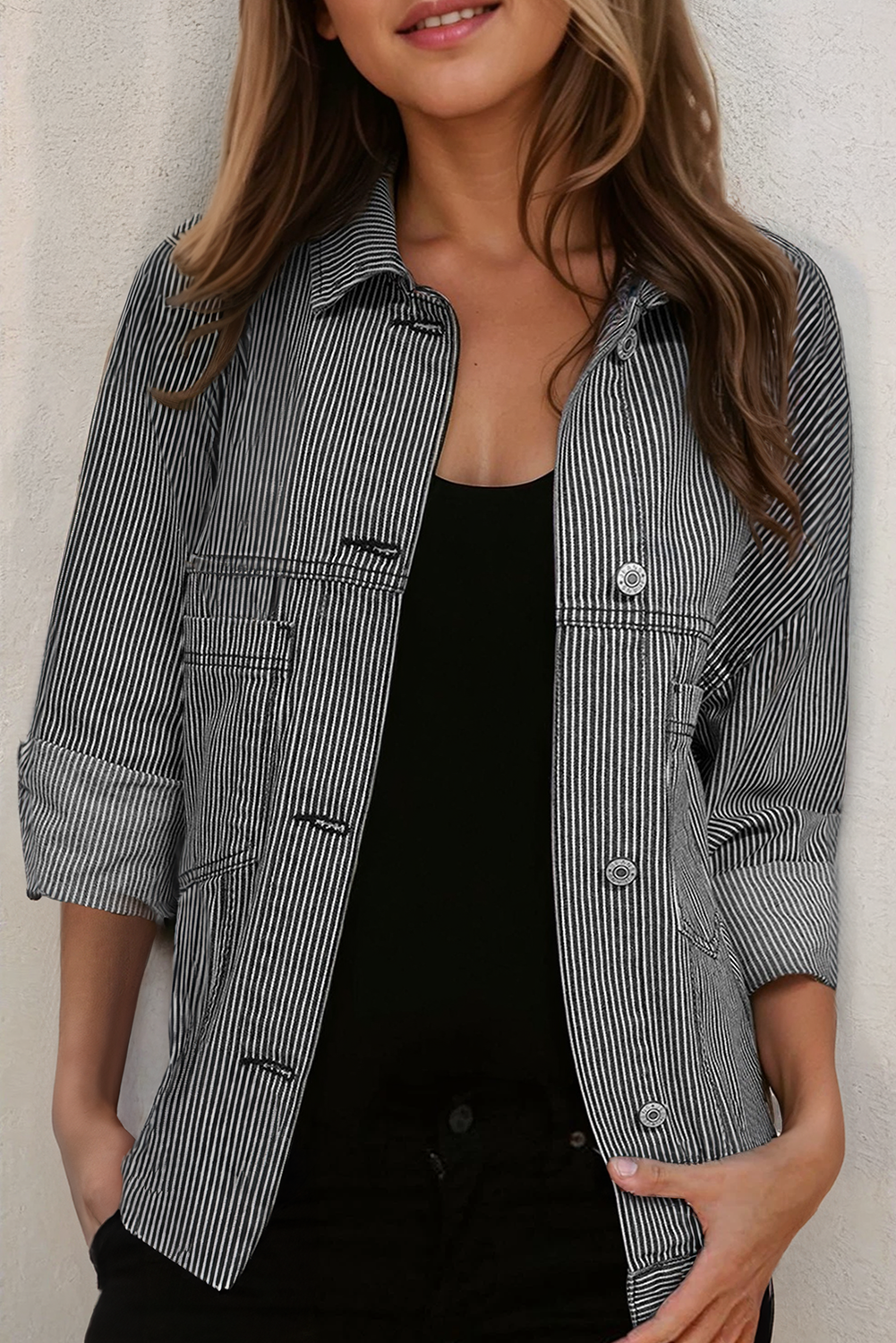 66DISCO - Vente Veste en jean – femme - Veste en jean oversize à rayures avec poches (S-XL)2