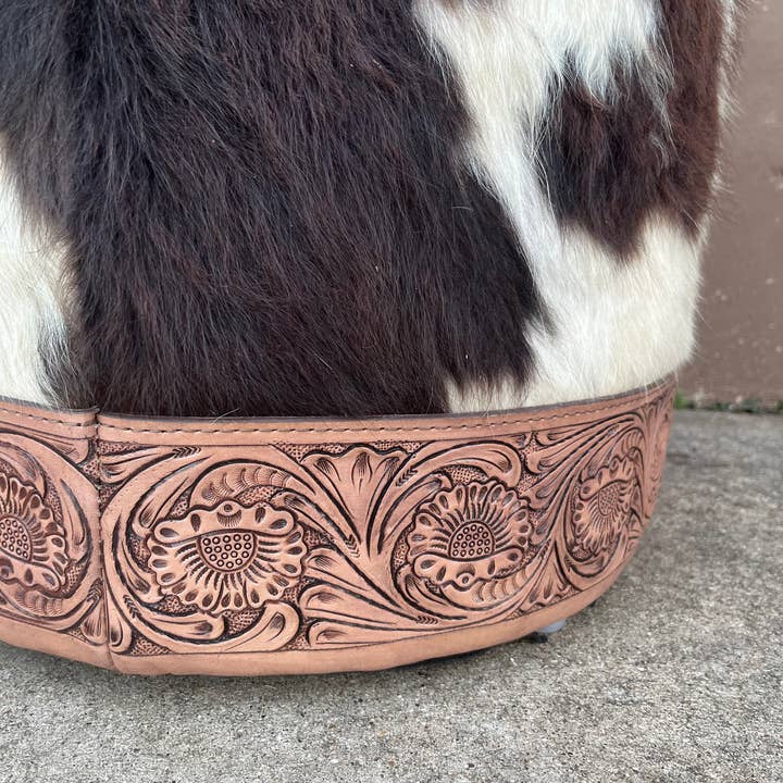 Western Linens - Wholesale Ottoman - Cowhide & Tooled Leather Ottoman