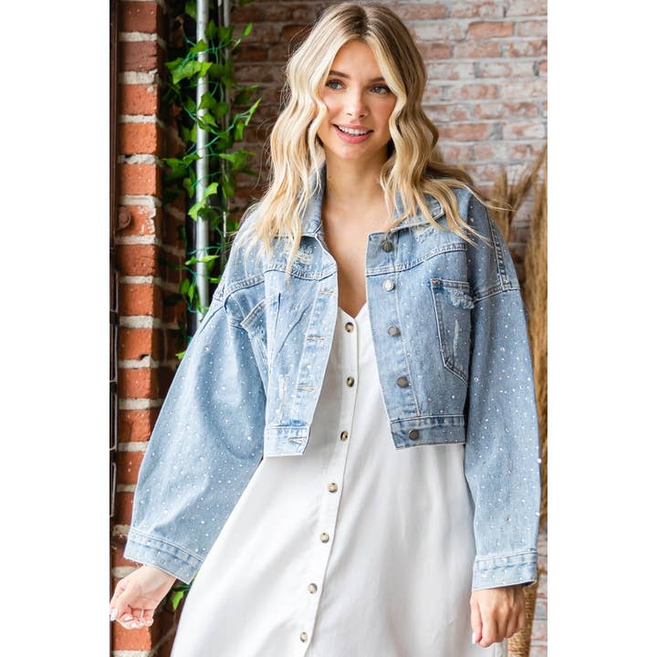 Med Wash Rhinestone Stud Cropped Puff Denim Jacket for wholesale on Faire