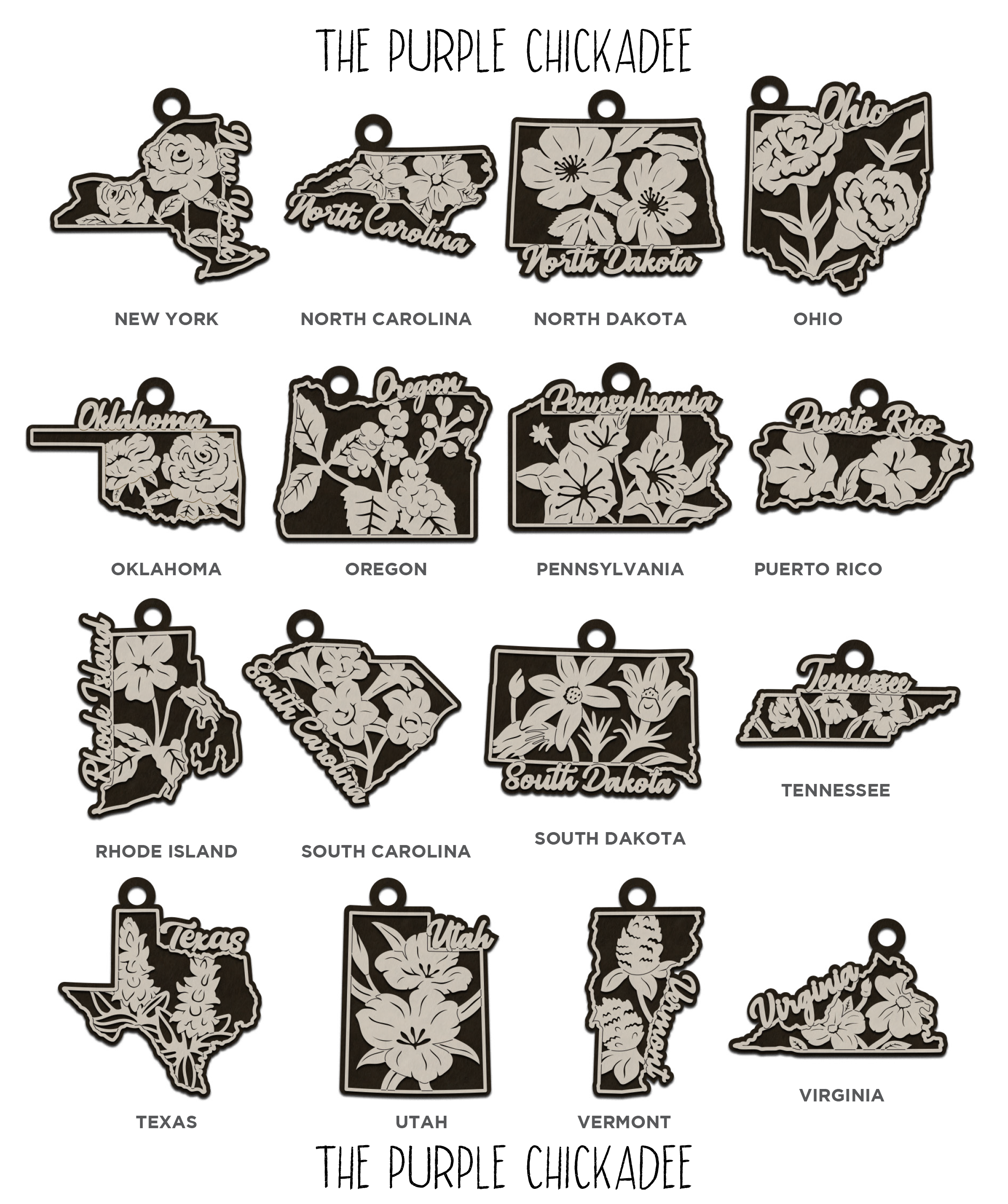 The Purple Chickadee - Wholesale Ornament - State Flowers Wooden Ornament - Choose Your State 3