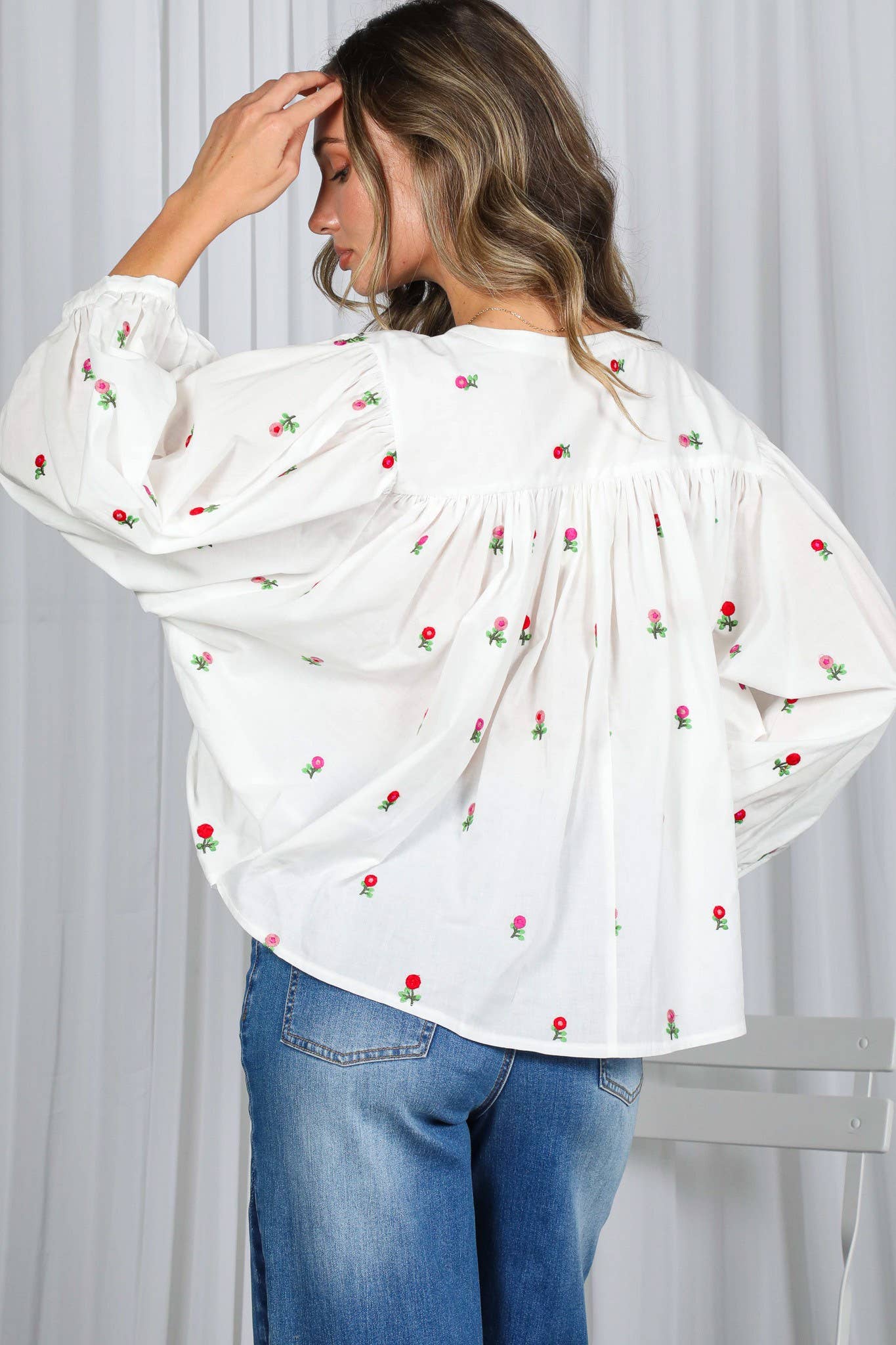 Off White English Ross Embroidered Draped 3/4 Sleeve Blouse VT82897 for wholesale on Faire11