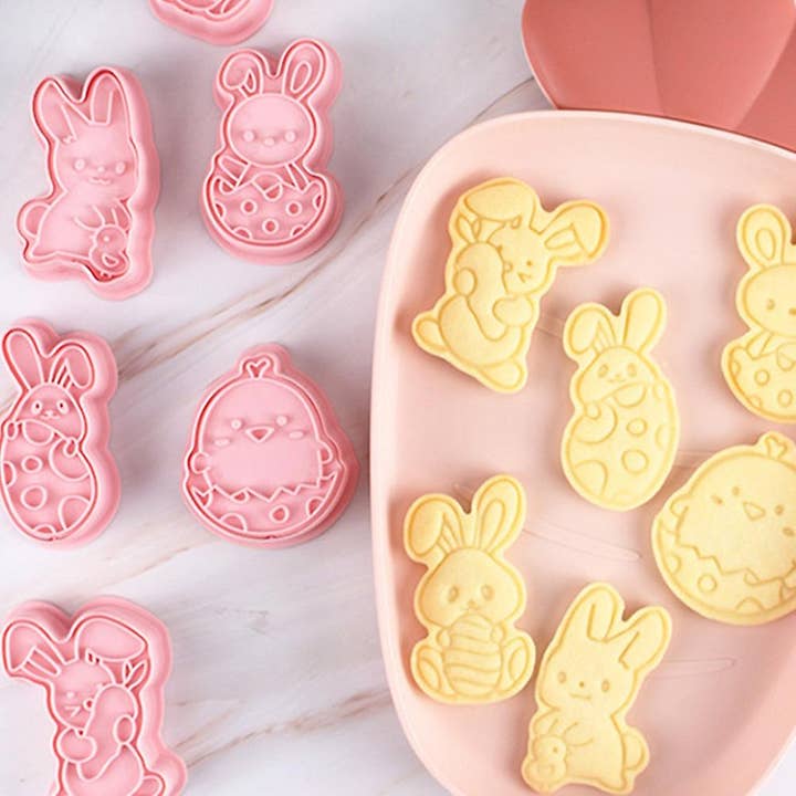 Montessori Mates Pty Ltd - Wholesale Cookie Cutter - Cute Easter Bunnies Cookie Shape and Stamp Set - 6 pcs