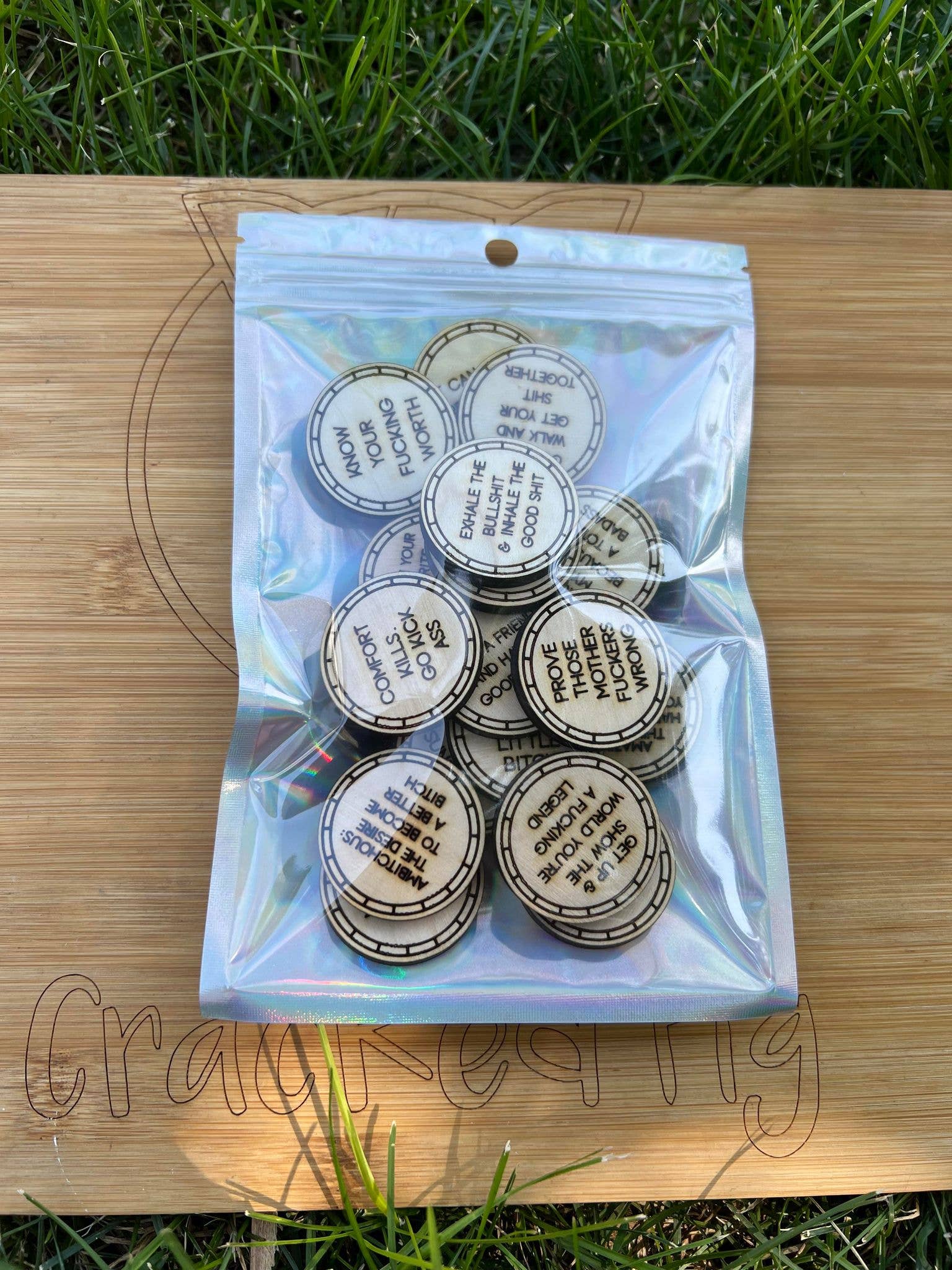 The Cracked Pig - Wholesale Keepsake Coin/Token - Sweary Affirmation Tokens and Holographic Bag Combo1