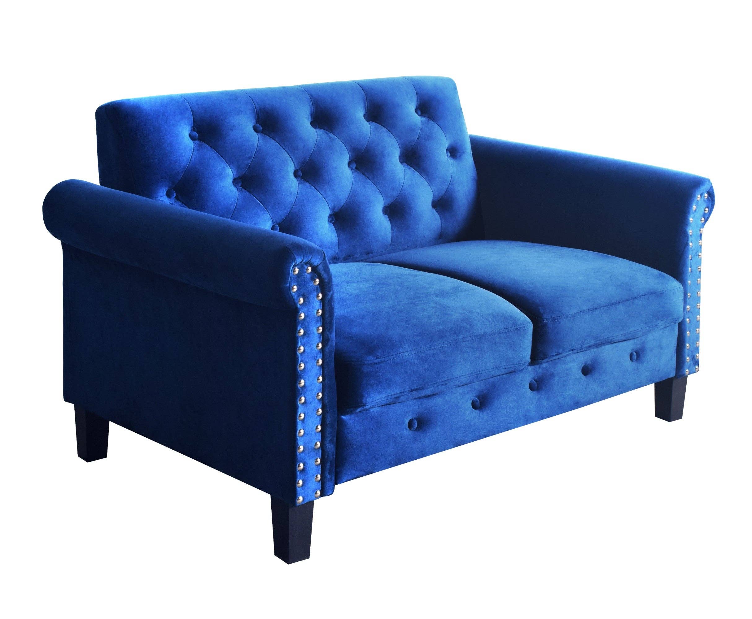 Home Design - Wholesale Sofa - 2-Piece Casper Velvet Rolled Arm Living Room Set with Loveseat and Sofa, Foam-Filled Cushions, Nailhead Trim, Navy Blue4