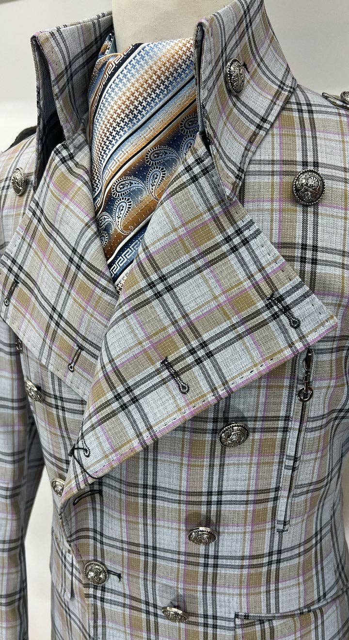 Angelino - Wholesale Coat - Men's - long coat men, plaid high collar, Gray1