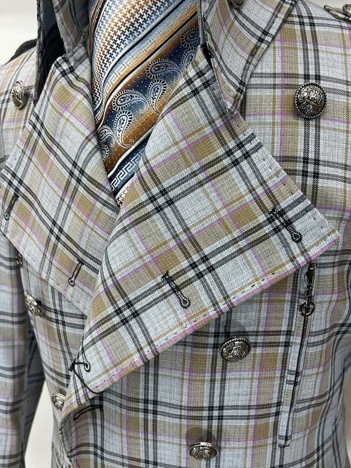 Angelino - Wholesale Coat - Men's - long coat men, plaid high collar, Gray1