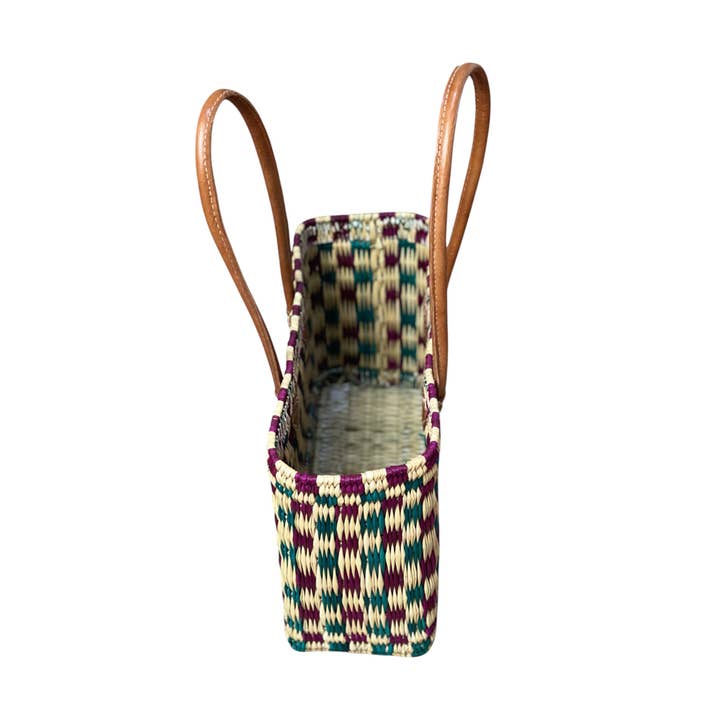 HandHappiness – Großhandel Lebensmittel-/Einkaufstasche – Handgefertigter gewebter Einkaufskorb aus Binsen - Grün & Lila - 35