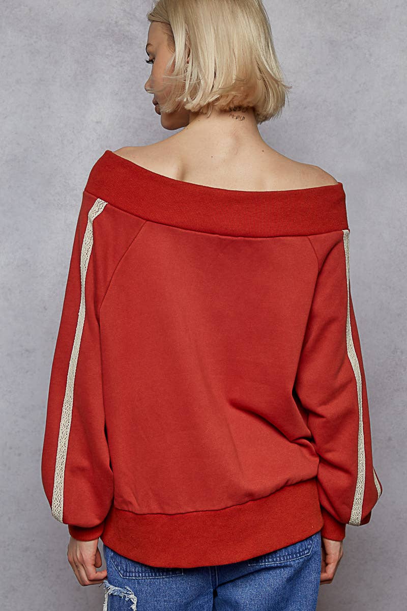 Pol Clothing - Wholesale Knit Top - Women's - Solid off shoulder lace trim detail French terry knit top10