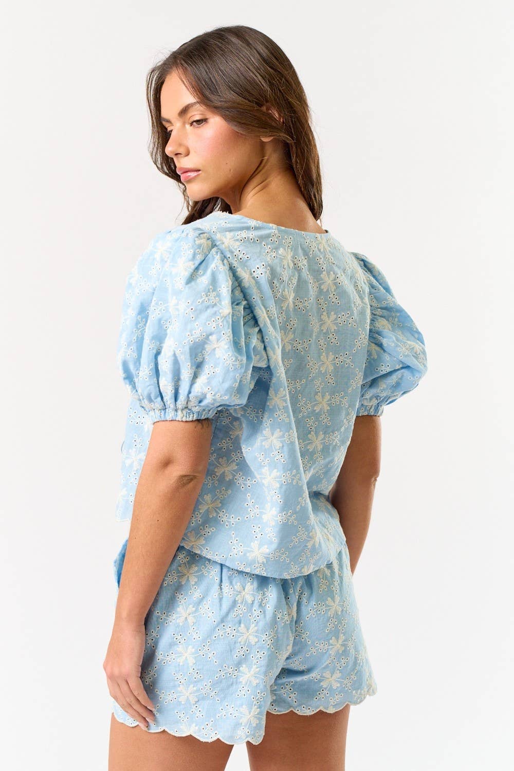 Blue Blush - Wholesale Top & Short Set (NOT Loungewear) - Women's - IBS32189 Linen Eyelet Tie Front Top with Matching Shorts4